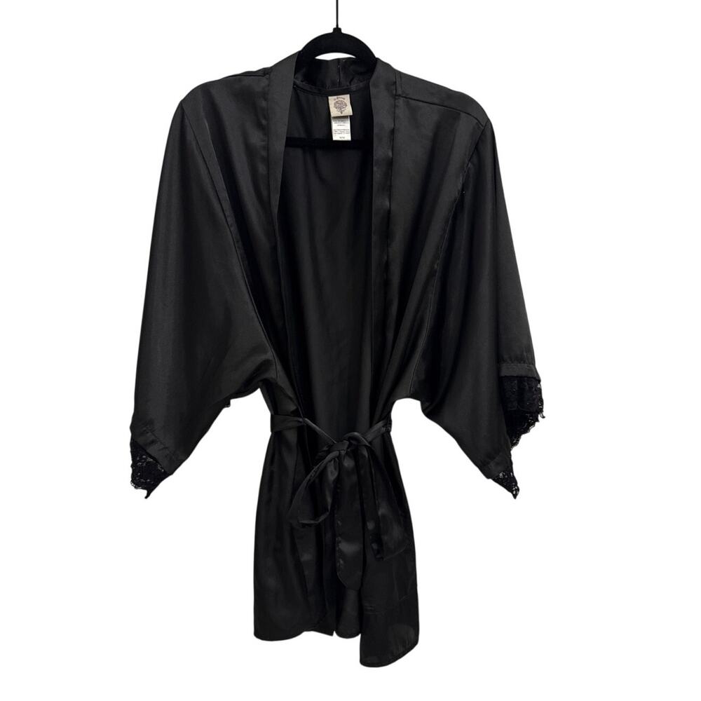 In Bloom by Jonquil Black Satin Tie Front Lace Trim Robe Size Women's Medium